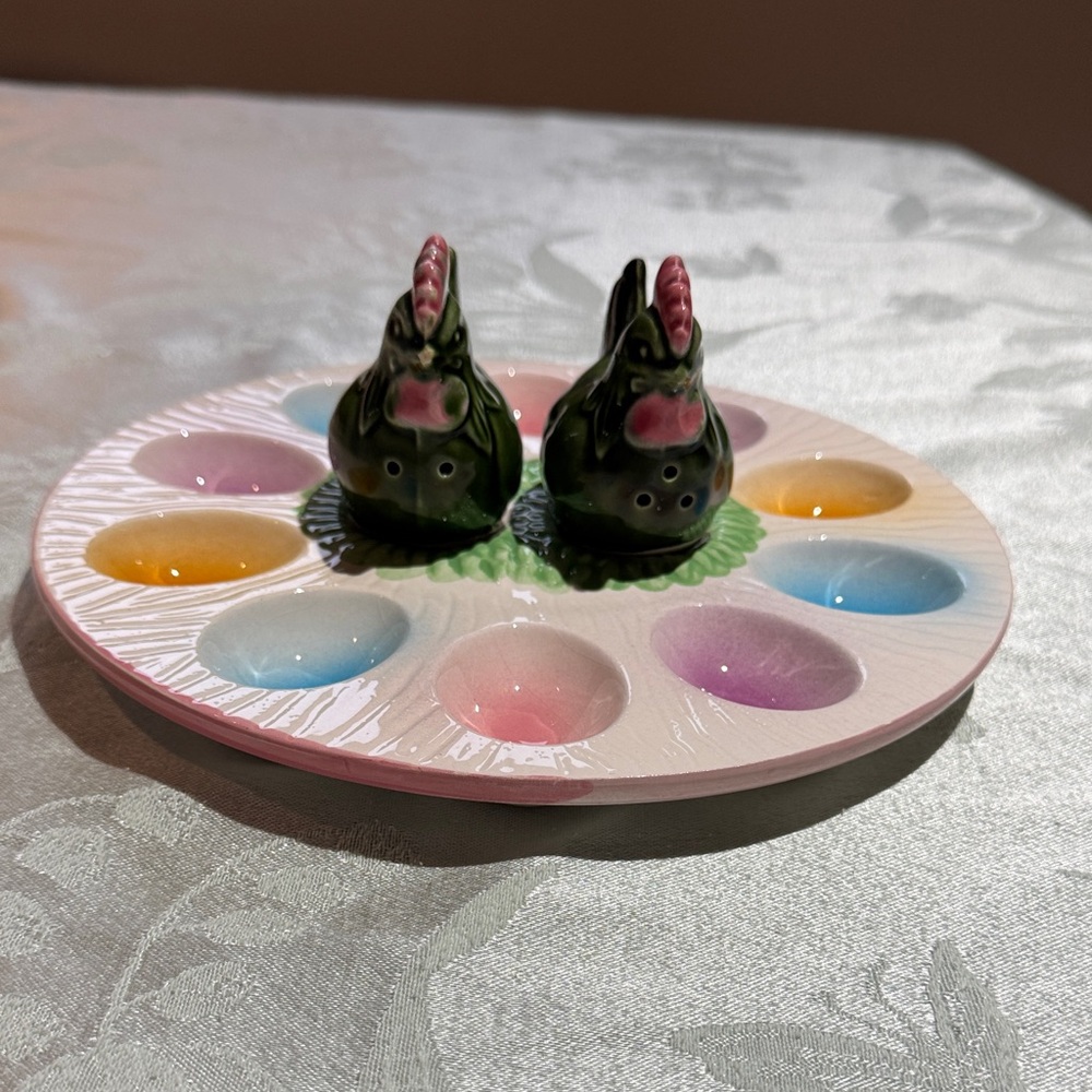 Vintage Ceramic Egg Plate with Rooster Salt & Pepper Shakers - Pastel Rainbow